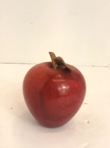 Red Marble Apple Fruit Paperweight Desk Home Decor Brass Leaf Stem - Picture 1 of 3