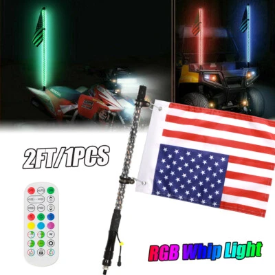 2FT RGB LED Spiral Whip Light Antenna with Flag & Remote for ATV UTV Polaris RZR - Image 1 of 4