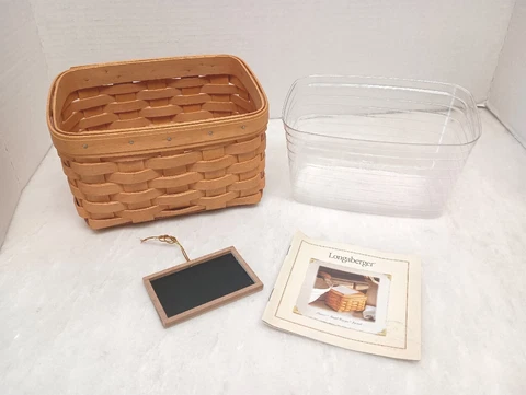 Longaberger Small Basket W/ Liner & Removable  Chalkboard Label - Mint Condition Cover