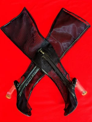 Cape Robbin 6.5 Jet Black Sheer Thigh High Peep Toe Boots w/4" Lucite Block Heel - Image 1 of 4