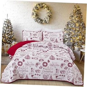 Christmas Quilt Set Queen Snowman Village Pattern Queen(90"x96") Red Village - Picture 1 of 8