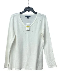 Karen Scott Luxsoft Faux-Pearl V-neck sweater, Winter White, Sz. M - Picture 1 of 11