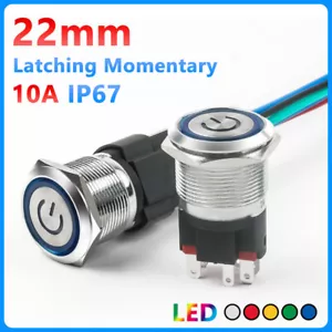 22mm LED On/Off Push Button Switch Momentary Latching IP67 Waterproof Metal 10A - Picture 1 of 19
