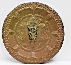 Vintage Brass Aztec Mayan Charger Wall Art Plate Applied Figure 13.5" Ancient - Picture 1 of 4