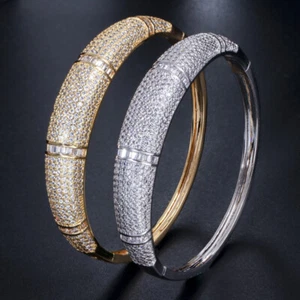 Brazalete de lujo de circonita cúbica dorado nupcial boda brazalete abierto para mujeres novias compromiso - Imagen 1 de 13