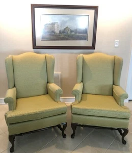Two Green Vintage Ethan Allen Queen Anne Upholstered Wing Back Chairs - Cherry - Picture 1 of 5