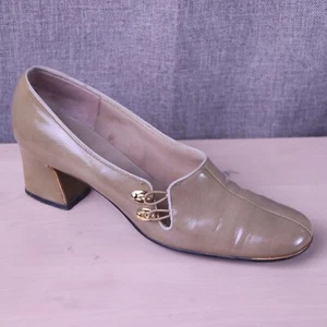 Vintage Life Stride 70s Heels Womens 7 2A/4A Tan Leather Gold Pumps Shoes - Picture 1 of 19