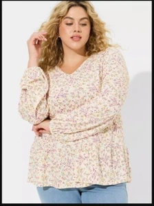 Torrid Floral Textured V-Neck Tiered Long Sleeved Top Blouse 3 3X 22/24 - Picture 1 of 6