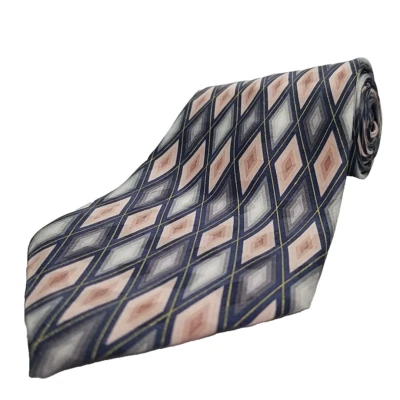Pierre Cardin Luxury Tie Pink Gray Diamond Pattern Printed Silk Necktie 58" x 4" - Image 1 of 4