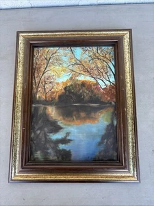 Original framed oil painting 12 .5 x 15.5 trees water Bessie martell - Picture 1 of 11