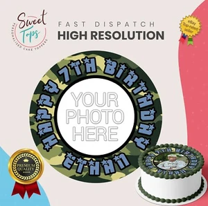 ARMY PLUS PHOTO EDIBLE ROUND BIRTHDAY CAKE TOPPER DECORATION PERSONALISED - Picture 1 of 4