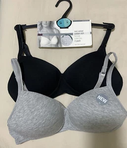ex M&S 2PACK NON WIRED Cotton Rich FULL CUP T Shirt Bra In GREY/BLACK Size 36A