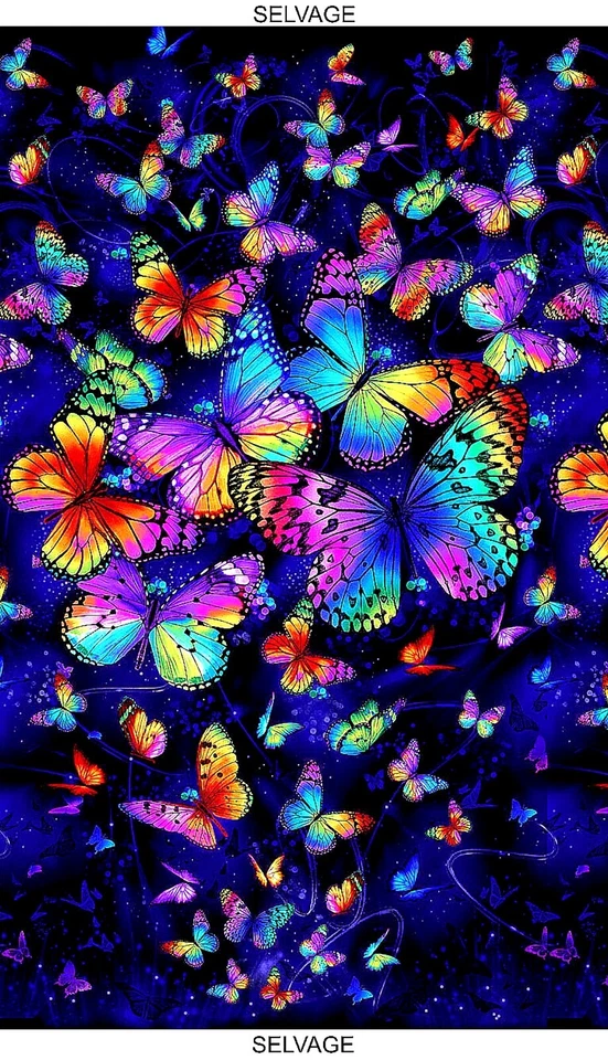 PANEL DE IMPRESIÓN DIGITAL TESOROS ATEMPORALES - NEÓN BRILLANTE MARIPOSA MAGIA SOBRE NEGRO Foto 1 de 1