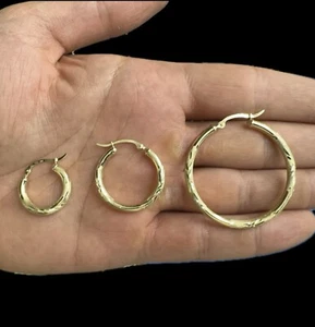 Genuine 14K Solid Gold Floral Diamond-Cut Small Hoop Earrings - Picture 1 of 3