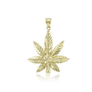 10K Solid Yellow Gold Marijuana Leaf Pendant - Cannabis Weed Pot Necklace Charm - Picture 1 of 3