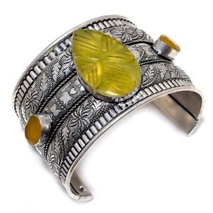 Carved Yellow Sapphire Gemstone 925  Silver Jewelry Cuff Bracelet Adjst L226