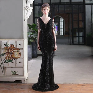 Women Sequin Beading Long Evening Dress Deep V Neck Prom Sexy Party Maxi Dresses - Picture 1 of 19