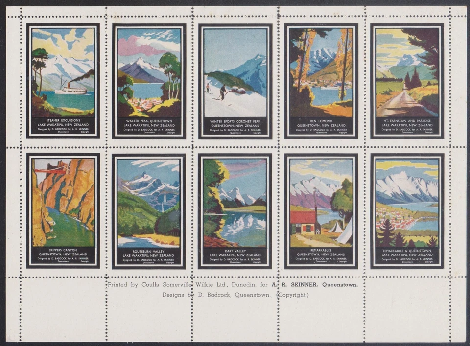 (F326-7) 1948 NZ Cinderella sheet Queen's Town tourism (G)  (MC25) — 第 1/1 张图片