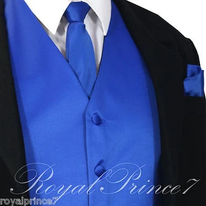 ROYAL Solid Tuxedo Suit Vest Waistcoat and Neck tie Hanky Set Prom Wedding Party - Picture 1 of 4