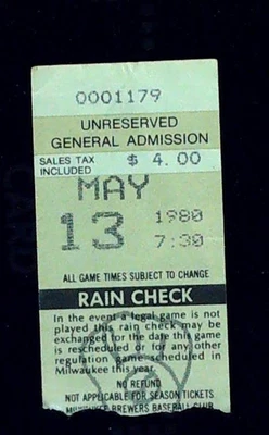 Boleto de béisbol Yount HR #38 Brewers White Sox GA County Stadium 13/05/1980 Foto 1 de 2