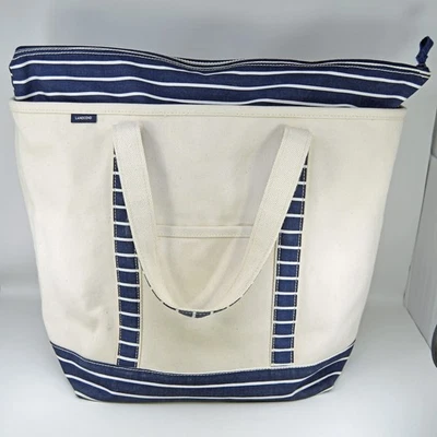 Vtg Lands' End Blue White Stripe Classic Canvas Boat Tote Bag Full Zip 5 Pocket - Image 1 of 4