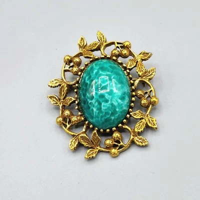 Broche Vintage Goldette Firmado Verde Moteado Vidrio Pekín Cabina Ornamentado Tono Dorado Foto 1 de 4