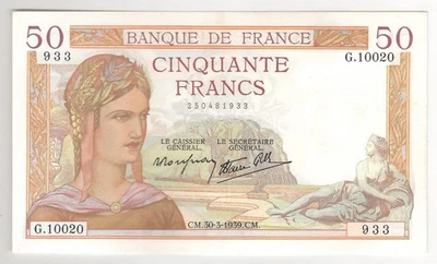 FRANCE  50  Francs  1939  P:85b  XF+  Banque de France - Image 1 of 2