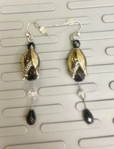 VTG 80S BLACK GOLD ENAMEL SPARKLE GLASS TEARDROP DROP DANGLE LONG EARRINGS - Picture 1 of 2