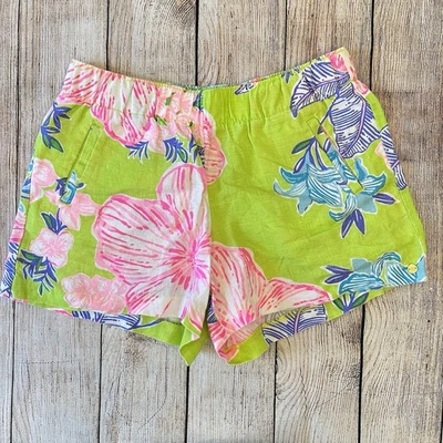 Pantalones Cortos Lilly Pulitzer Lino Medianos Matcha Verde Boho Babe Tropical Resort Playa Foto 1 de 4