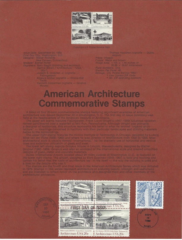 #8230 20c Architecture Stamps w/3185b - Scott #2019-2022a  USPS Souvenir Page - Image 1 of 1