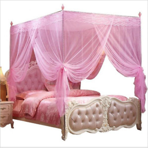 4 Corners Post Pink Canopy Bed Curtain Full Bed for Girls & Adults - 4 Opening M