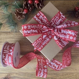 Red Merry Christmas Printed Eco Ribbon Wired Edge Burlap Natural Jute Rustic - Picture 1 of 2
