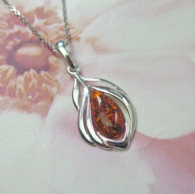 Massiccio 925 Argento Sterling Vero Originale Cognac Ambra Leaf Ciondolo Collana - Immagine 1 di 2