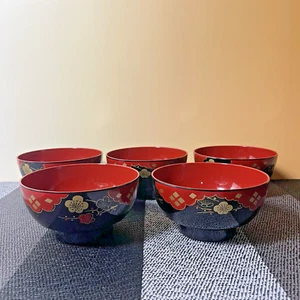 Juego de 5 tazones de sopa lacados vintage - laca Yamanaka - artesanía tradicional - Imagen 1 de 20