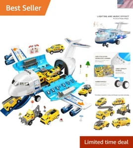 2-in-1 Kids Airplane Toy with 12 Construction Vehicles & Playmat - Blue - Picture 1 of 8