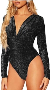 Black Sparkly Long Sleeve Deep V-Neck Bodysuit For Women - Bild 1 von 8