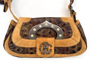 ROBERTO CAVALLI BROWN TORTOISE SKIN CAMEL GOLD SUEDE LEATHER SHOULDER HAND BAG - Picture 1 of 7