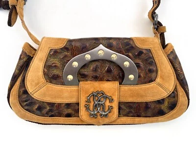 ROBERTO CAVALLI BROWN TORTOISE SKIN CAMEL GOLD SUEDE LEATHER SHOULDER HAND BAG - Image 1 of 4