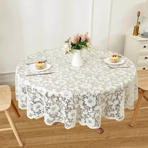 Cream Round Lace Tablecloth 60 Inches, Ivory Vintage Embroidered Floral Croch... - Picture 1 of 9