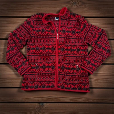 Karen Scott Sport Red Black Abstract Striped Fleece Full Zip Jacket Womens S - Image 1 of 4