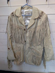 Scully Handlaced Fringe Leather Jacket Cream Beaded Button Closure Size 46 - Picture 1 of 8