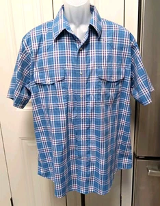 VGT Wrangler Western Shirt Blue Red Short Sleeve Mens X Large Plaid Pearl Snap - Picture 1 of 7
