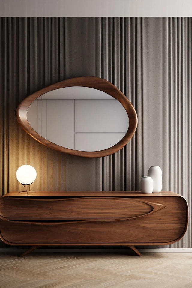 Unique & Stylish Looking Solid Wooden Vanity , Office Decor Mirror Wavy Handmade - Image 1 of 4