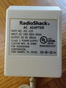 Adaptador de CA 9V 350mA RadioShack AD-320 Fuente de alimentación Cargador de pared Entrada 80mA - Imagen 1 de 7