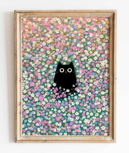 Black Cat in a Sea of Flowers Poster - Cute Kawaii Cat Art - Floral Wall Decor - Picture 1 of 5