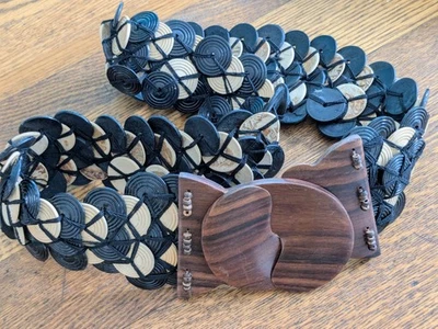 Vintage Boho Tribal Wide Disc Wood Buckle Stretch Belt Artsy Art to Wear - Image 1 of 4