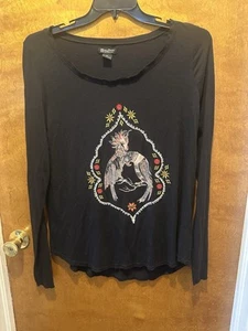 Lucky brand long sleeve black embroidered birds blouse size XL - Picture 1 of 4