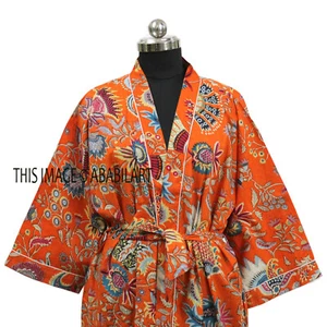 Orange Mukut Print Long Kimono Bathrobe New Beach Robes Night Dressing Gown FBB - Picture 1 of 5
