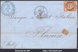 FRANCE N°38 SUR LETTRE POUR FLORENCE ITALIE GC 6316 LYON + CAD DU 25/09/1875 - Picture 1 of 2