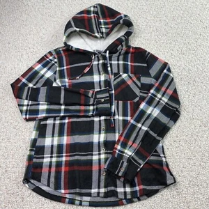 Rue 21 Juniors Sweatshirt sz XL Black Multicolor Plaid Button Front Sherpa Hood  - Picture 1 of 13